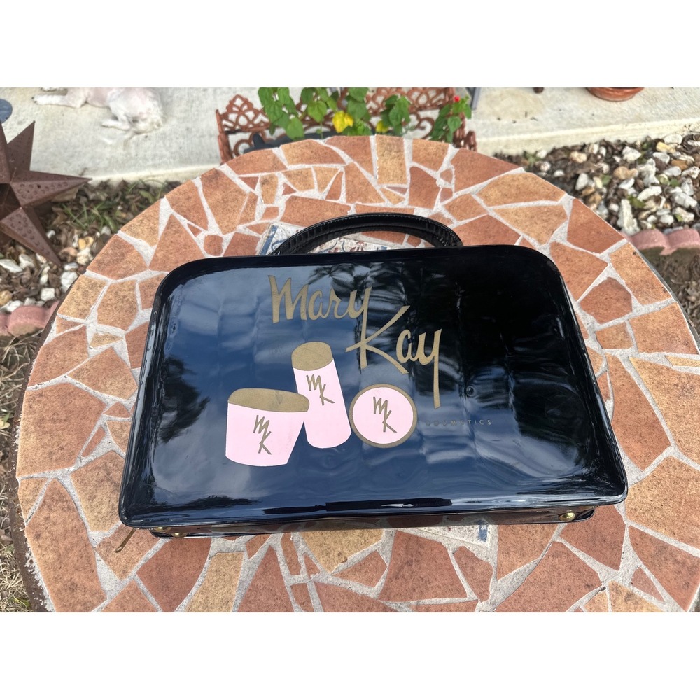 Vintage Mary Kay Cosmetics Black Patent Travel Makeup Case Vanity Bag Logo Pink